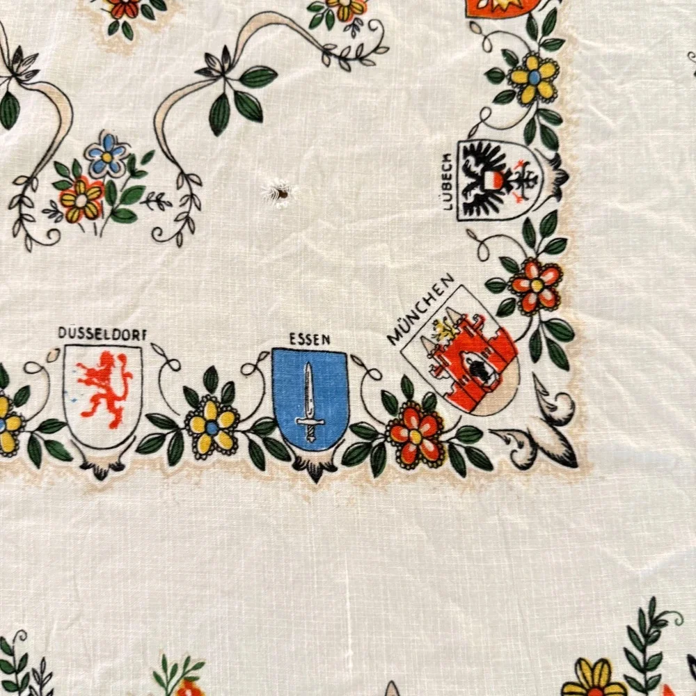 Vintage German Cities Souvenir Tablecloth Floral Crests Coats of Arms White